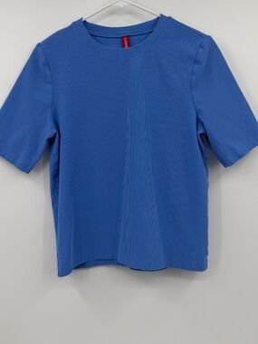 Spanx Top Women Large Blue Ribbed Knit Crew Neck Tee Short Sleeve Stretch